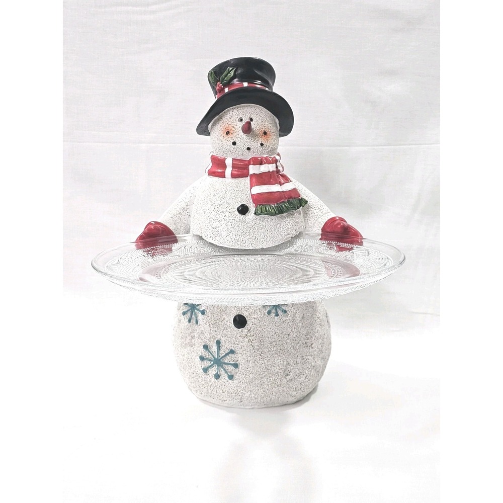 Christmas Snow Man 10 X 10 Figurine Holding An 8 Inch Ornate Glass Serving Plate